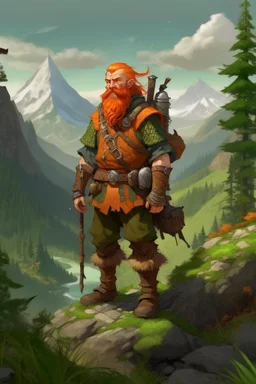 Realistisches Bild von einem DnD Charakters. Männlichen Zwerg mit orangenem Haaren. Er steht im Wald mit Bergen im Hintergrund. Er sieht aus wie ein Jäger
