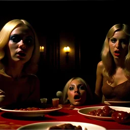 Horror movie shot, spooky, hot, ultra realistic, dine, ultra realistic hot blonde women, party, pieces of meat, they enjoy, organs, ail, dynamic, very excited people, hypermaximalist figures, light, 1970's Italian horror movie, sinister,, Dario Argento, Stanley Kubrik, ornate, 4k, photorealism