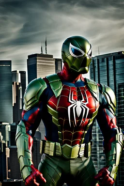 Spider-man in hulking futuristic armor, photograph