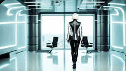 picture from behind the human android female with short white hair, white albino skin , she wearing black-silver-white colors futuristic fashion cloths, full body, she walking in high-tech futuristic office, sci-fi mood, ultra detailed, high contrast, Professional photography