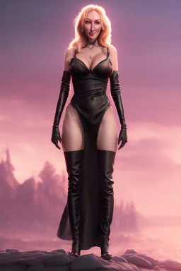 Brandi Love in black leather gown, evil, busty, cleavage, curvy, angry, happy, stern look. character design by cory loftis, fenghua zhong, ryohei hase, ismail inceoglu and ruan jia. unreal engine 5, artistic lighting, highly detailed, photorealistic, fantasy