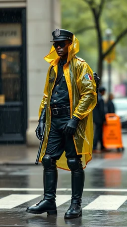 vintage, nypd full body color 1920 black policeman with external exoskeleton wtih heavy yellow rain transparent coat