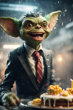 portrait of happy gremlin soaked in cake in suit flying in wind tunnel birthday party in a storm cloud, in the style of a fallout 4,bokeh like f/0.8, tilt-shift lens 8k, high detail, smooth render, down-light, unreal engine, prize winning