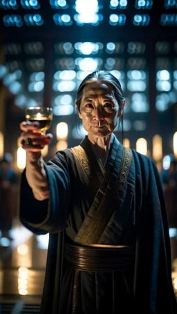 portrait of female pale elongated ninja priest with bright aura carrying goblet signaling you to obey your master, seen from rafters, inside hall in mountain, shot on Hasselblad h6d-400c, zeiss prime lens, bokeh like f/0.8, tilt-shift lens 8k, high detail, smooth render, down-light, unreal engine, prize winning