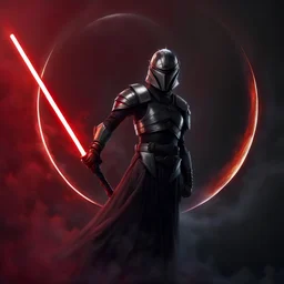 a woman clad in metallic armour with blackened robes and cloak, standing beneath an eclipse whilst holding a lightsaber with a crimson blade.