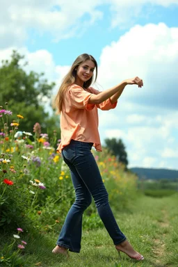 country side ,wild flowers, blosom pretty sky and cloudes a beautiful young lady wearing pants and blouse dancing gracefully in garden look at camera