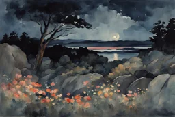 Night, clouds, flowers, rocks, trees, distant mountains, sci-fi, fantasy, winslow homer watercolor paintings