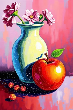 use pointillist painting techniques to paint a vase and apple
