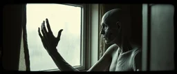 Style: gritty pin hole cam, mixed with Zdzisław Beksiński surrealism and Caravaggio chiaroscuro, tactile analog imperfections, muted tones, deep natural shadows, eerie realism, pinhole-camera softness, heavy vignetting, rugged irregular photographic border. Scene: a pale sickly vampire quietly cleaning a window in an old apartment, completely calm and domestic. Extremely detailed rough skin, dry porous texture, wrinkles, tiny flakes, visible veins, uneven natural imperfections
