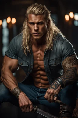 stunningly handsome viking warrior king, muscular, long blonde hair, male age 30, wearing jeans and a shirt, tan skin, tattoos,photorealistic 4k