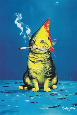 cat fish with shark head smoking a ciggarrette in the style of warhol