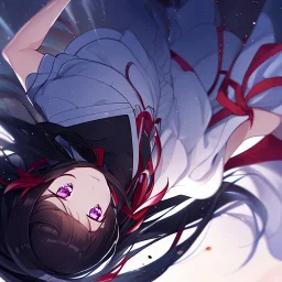 Clear focus,High resolution,High quality,Black sleeveless shirt, White Jacket that is falling off, Red ribbon in the back, Wearing a white skirt, Black gloves, Black long hair, Purple eyes