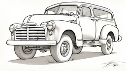 comics , 1952 GMC Suburban，character sketch，pencil，intricately details，finely detailled，Hyper-detailing，Caricature