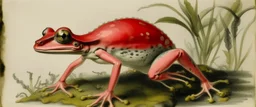 A rosy pink poison elemental frog designed in Heidrun manuscripts painted by George Inness