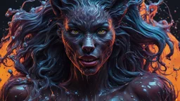 Unsplash art, a quirky liquid portrait of a hauntingly beautiful dark werewolf woman, splash style of paint, Pixar style, Halloween colors, hyper detailed intricately detailed, fantastical, intricate detail, splash screen, liquid, gooey, slime, splashy, fantasy, concept art, 8k resolution, masterpiece, melting, complex background, intricate detailed, dark colors, fantasy, concept art, digital art, intricate, oil on canvas, masterpiece, expert, insanely detailed, 4k resolution.