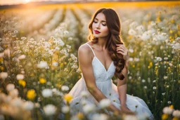 Young woman in flower field in the evening