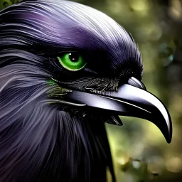 glowing silver and golden elements, full close-up portrait of realistic crow, book cover, green forest, white moon, establishing shot, extremly high detail, photo-realistic, cinematic lighting, by Yoshitaka Amano, Ruan Jia, Kentaro Miura, Artgerm, post processed, concept art, artstation, matte painting, style by eddie mendoza, raphael lacoste, alex ross