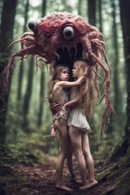 Rare parasite creature holding a girl in the forest, macro photography,