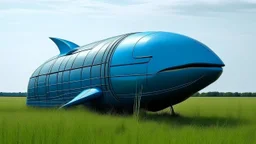 small, sleek, squat, cargo spaceship shaped like a blue whale, sitting in a field