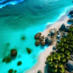 tropical view aerial view of beach, small rocks, coconut tree, clear blue turquoise water, blue ocean with waves and foam, beautiful colors, ultra realistic, vibrant, soft light, bold chromaticity, poolcore, canon shot with nikon 79 camera, ISO 1600