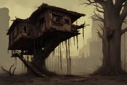 post apocalypse, tree house, desolated, illustration