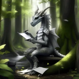 A dragonoid human with grey scales and a flexible tail in the middle of taking notes in a magical forest