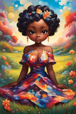 In this oil painting, we encounter a charming chibi black cartoon character, exuding warmth and tranquility as she sits amidst a serene grassy landscape. Her curvaceous figure is adorned in a vibrant and colorful maxi dress, each hue blending harmoniously to create a kaleidoscope of joy. The character's hair is a sight to behold, twisted up in a graceful updo that cascades in gentle waves. The flowing black strands add a touch of elegance to her appearance, framing her face with a sense of grac