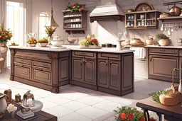 Anton Pieck style very grand house, cream and white coloured kitchen with large stove and white marble floor, shelf with copper pans, vase of wild flowers, large kitchen table