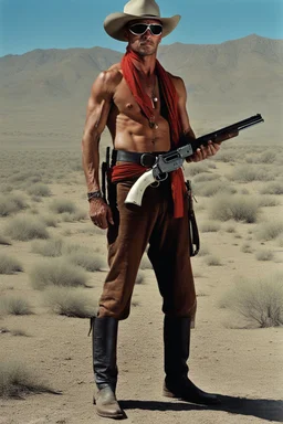 Full Color - Extremely muscular John Reid aka the LONE RANGER, extremely over exaggerated muscles, short, dark, crew-cut hair, large, curved down nose, large square chin, dark, intense eyes, light blue, skintight, formfitting cotton jumpsuit, red kerchief bandana, black venetian mask, double holstered utility belt, two Colt 45 caliber pistols, knee-high cowboy boo