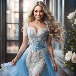 (best quality, 4k, 8k, highres, masterpiece:1.2), ultra-detailed, (realistic, photorealistic, photo-realistic:1.37),hyper realistic, full body gorgeous smiling 1woman,long hair,looking at viewer,realistic proportions,blue eyes,hair ornament,transparent lace dress,very long hair,flower,blonde hair,parted lips,necklace,white dress,blonde hair,lips,joyful pastel background,freckles,realistic,head wreath, pink flower,realistic portrait, dreamy fantasy landscape countryside,great pespective,crystal