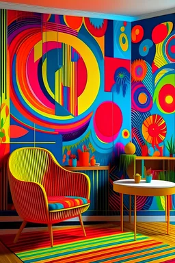 Create a hand-painted wall mural featuring vibrant , funky patterns, and neon lights, capturing the essence of a retro disco party."."