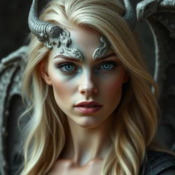 a portrait of an attractive blonde fantasy woman whose face is half human and half stone gargoyle