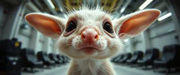 extreme close up on cheeky fluffy weasel mafia elf family scumbag in the style of Escher and Giger and Fallout 4, pinhole cam, airbrush 3d rendering, on tv screen:A five-second cinematic single take in a clean industrial presentation hall.
