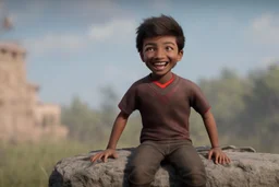 At the top of the trophy, there is a boy character in a triumphant pose. The boy is around 10 years old and is depicted with an enthusiastic and confident expression. He has a joyful smile on his face, and his eyes are gleaming with pride.
