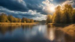 Extremely realistic photo of a river. Dramatic lighting. Sky of gold and blue colors. Beautiful sky. The river is quiet. Nature is abundant. The feeling is strong and spiritual.