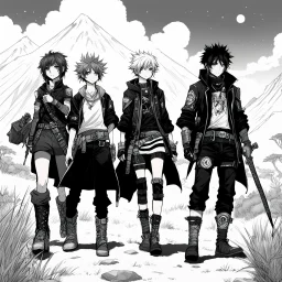 funky black and white manga art of fashion, punkrock, future illustration: RPG group of Adventurers in the wild
