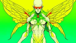 A surreal humanoid figure with white skin, green hair styled into a tall point, wearing glasses, with a transparent torso revealing internal organs, white wings on the back, holding a yellow figure in the lower torso, against a yellow background with a red curved line