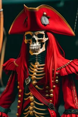 A red skeleton dressed as a pirate