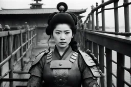 [on the bridge of the Potemkin] Onna bugeisha woman in armour with a katana on japanese battleship: Surreal... a psychological thriller... ... mix in a little World War II... sure... surreal events in an occupied town... man sees ancient soldier hiding in abandoned home... "Twilight Zone." What's that? No! You didn't want any jungle queens! Now wait a minute. You can't breathe. Too hot in here. Gotta open your eyes! Your mouth! What? They're open? Impossible-- You can't breathe! What? Fly? You a