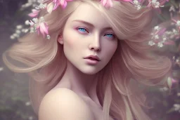 femme long cheveux blond blancs yeux bleus , 8k resolution, flower magnolia lotus rose, beautiful portrait, 8k resolution, flower head and body, beautiful star