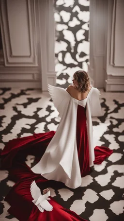 White wings, scissors, red dress on a luxurious velvet floor. Cinematic photo from above,no girl just matterials