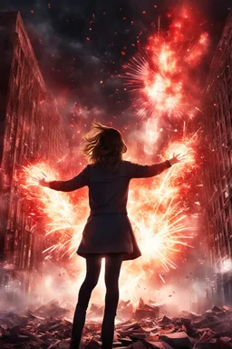 Photorealistic young woman standing, with arms raised, in front of an exploding building at night, with red auras around her