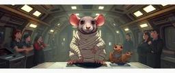 9️⃣ Crew Euphoria "Inside spaceship bridge and hallways. Crew visibly relaxed and productive. Giant mummy rat sits confidently on console, alert but calm, bandages clean, eyes intelligent and sly. Small caged rat and stasis rat subtly visible. Mood: calm triumph, satisfaction. Style: anime expressive features on rats, Rembrandt-inspired lighting highlighting faces and shadows."