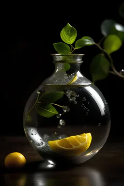 Potion bubble with water, leaves and lemon slice inside