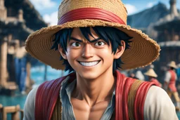 Luffy in 8k live action anime artstyle, dynamic pose, big smile, intricate details, highly detailed, high details, detailed portrait, masterpiece,ultra detailed, ultra quality