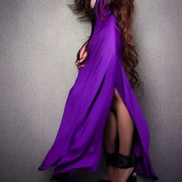 alluring slim witch of darkness in purple dress with very long brown hair