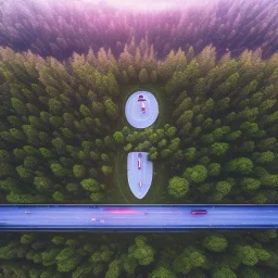 exterior arial drone photo outdoor car forested at night, 8k hdr