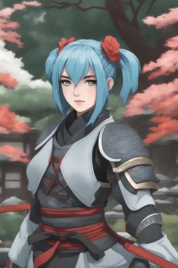 Young woman with powder blue hair, paleeyes, wearing samurai armor, Japanese garden background, RWBY animation style