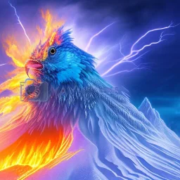 close up of colorful realistic bird in front of exploding ice castle, ski tracks and blue storm clouds and burning lightening