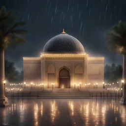 Hyper Realistic Al-Aqsa Mosque with garland lights decorations at Rainy Night